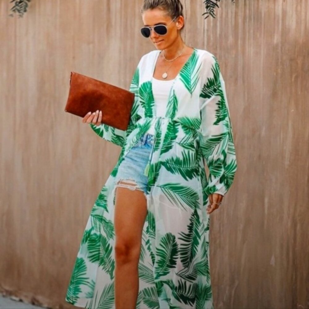 Tropical Palm Leaf Sheer Kimono Duster Cover-Up 🌿